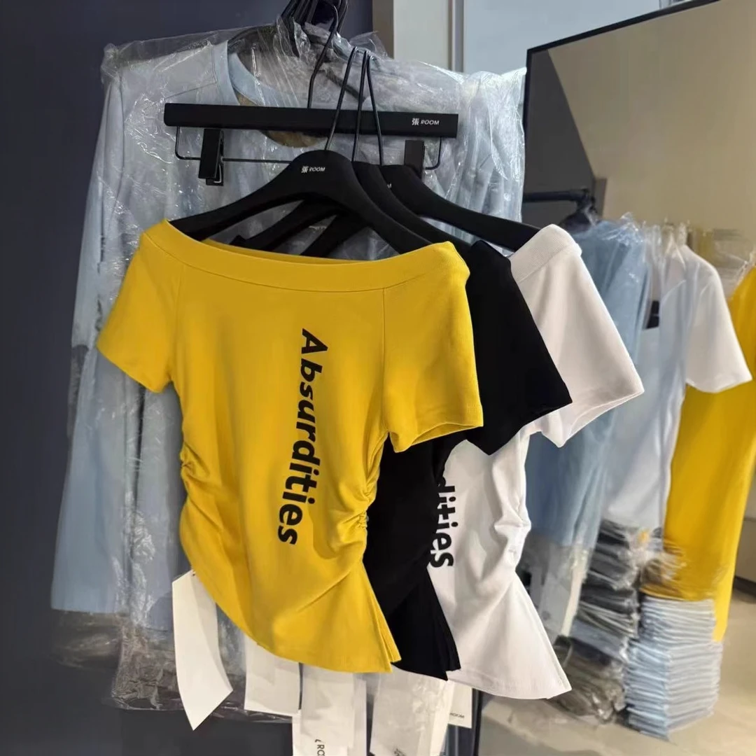 2025新款字母正肩短袖t恤女夏季收腰美式复古穿搭上衣潮