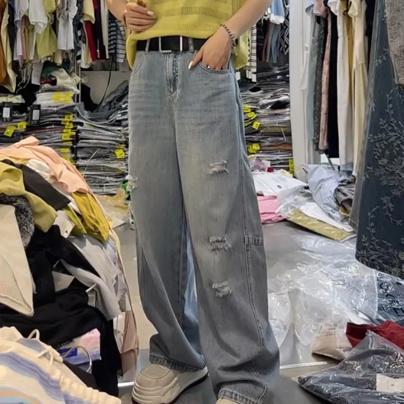 破洞牛仔裤女宽松阔腿裤夏大码直筒裤梨型身材高腰显瘦遮胯拖地裤