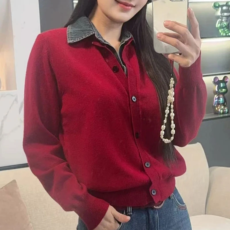 【型格碰撞】2026秋冬新款小众设计毛衣拼接牛仔假两件上衣