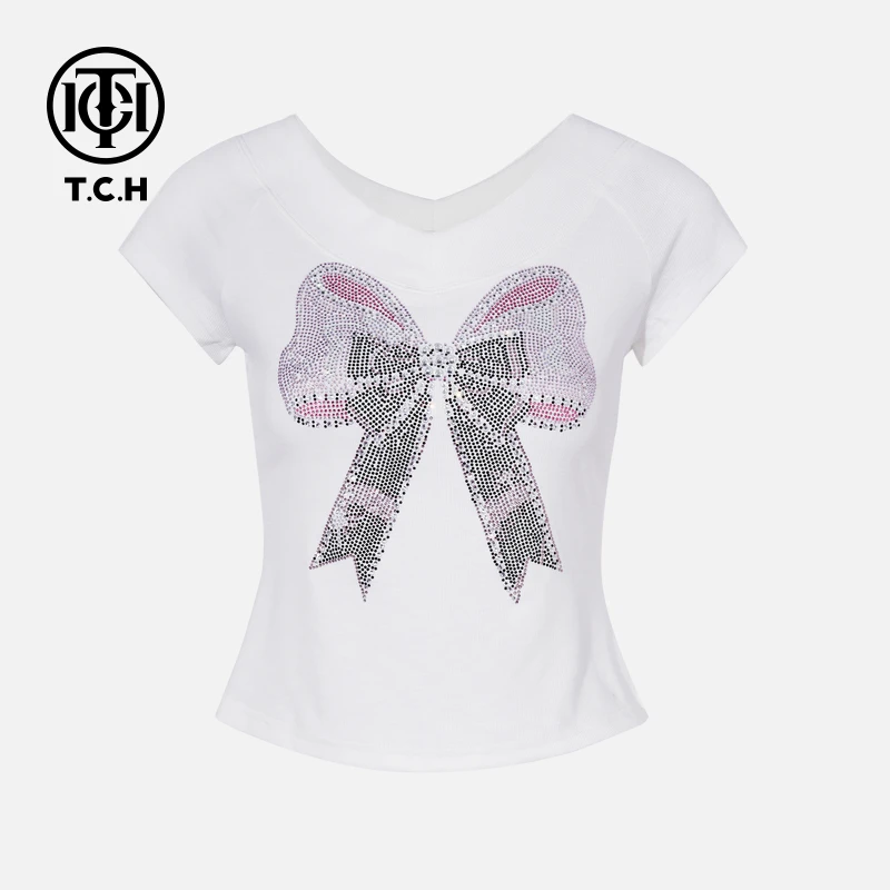 TCH私服烫钻工艺新时尚淑女百搭新潮流T恤女T75B10E5123轻奢tch
