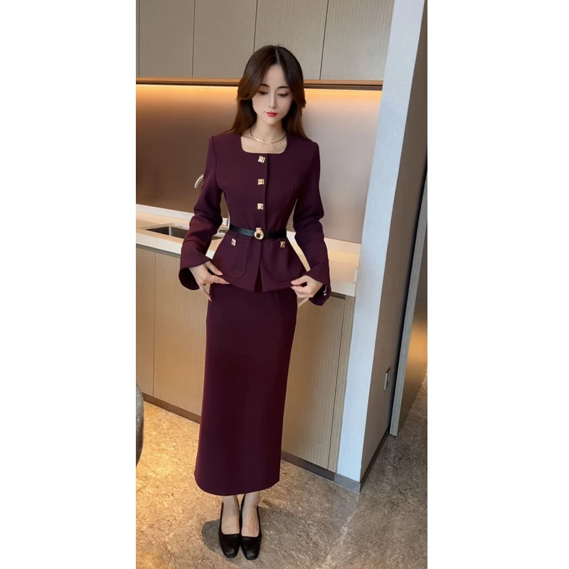 含腰带/名媛风气质洋气单排扣方领小西装外套女开衩半身裙套装潮