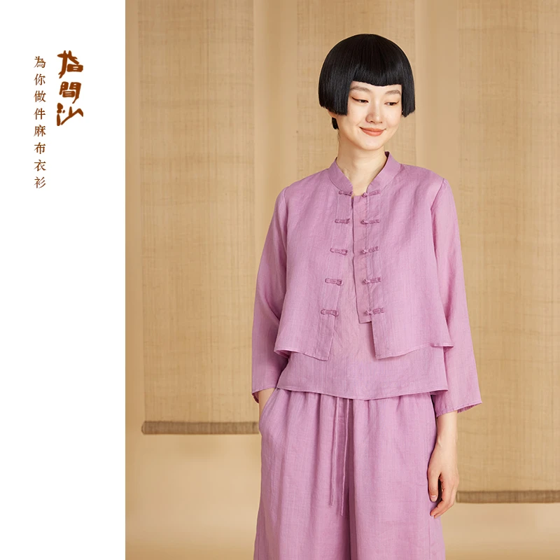 指间沙21003苎麻立领盘扣长袖夏新款轻薄透气短上衣女外套空调衫