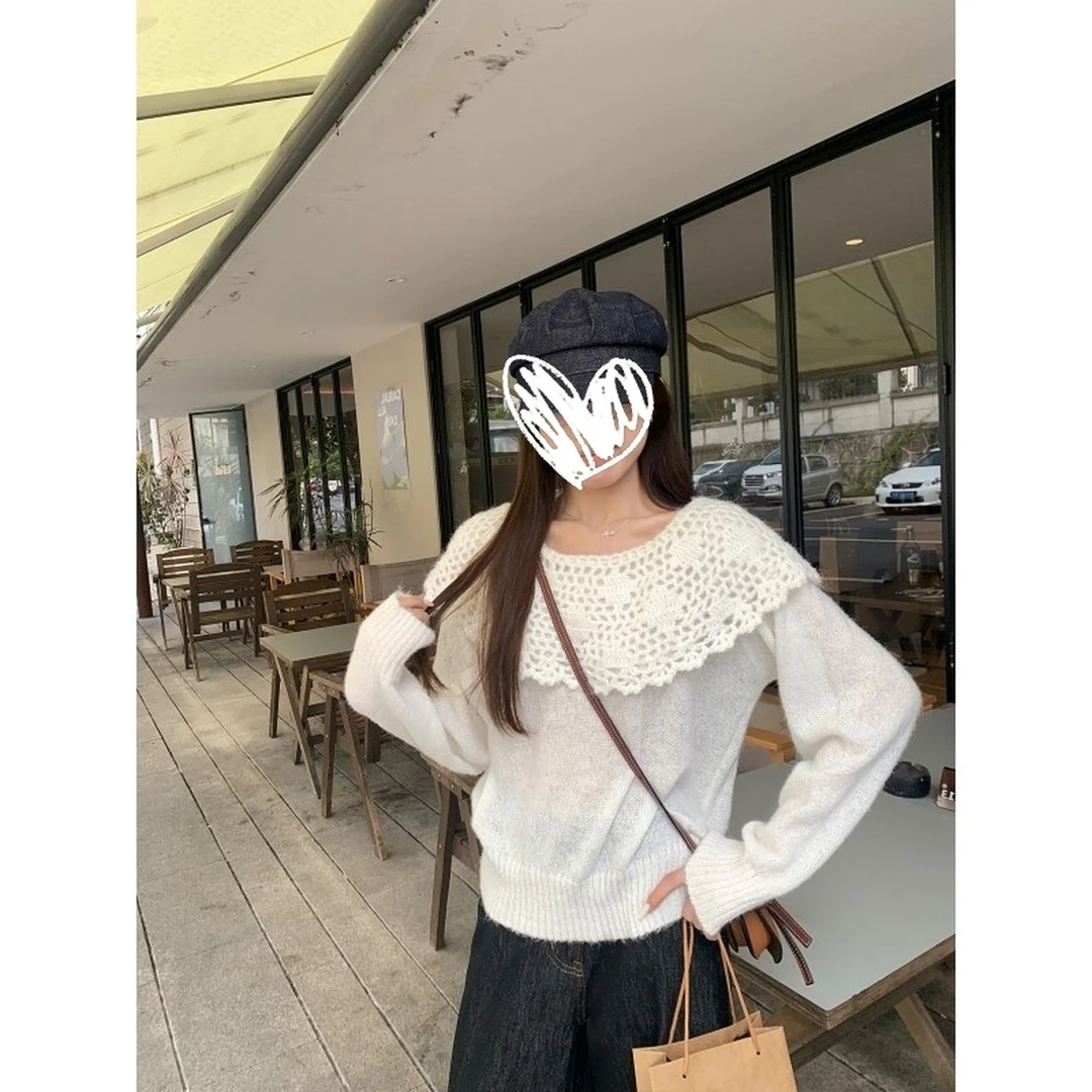 设计感镂空大翻领一字肩毛衣女慵懒风宽松显瘦百搭针织上衣秋季
