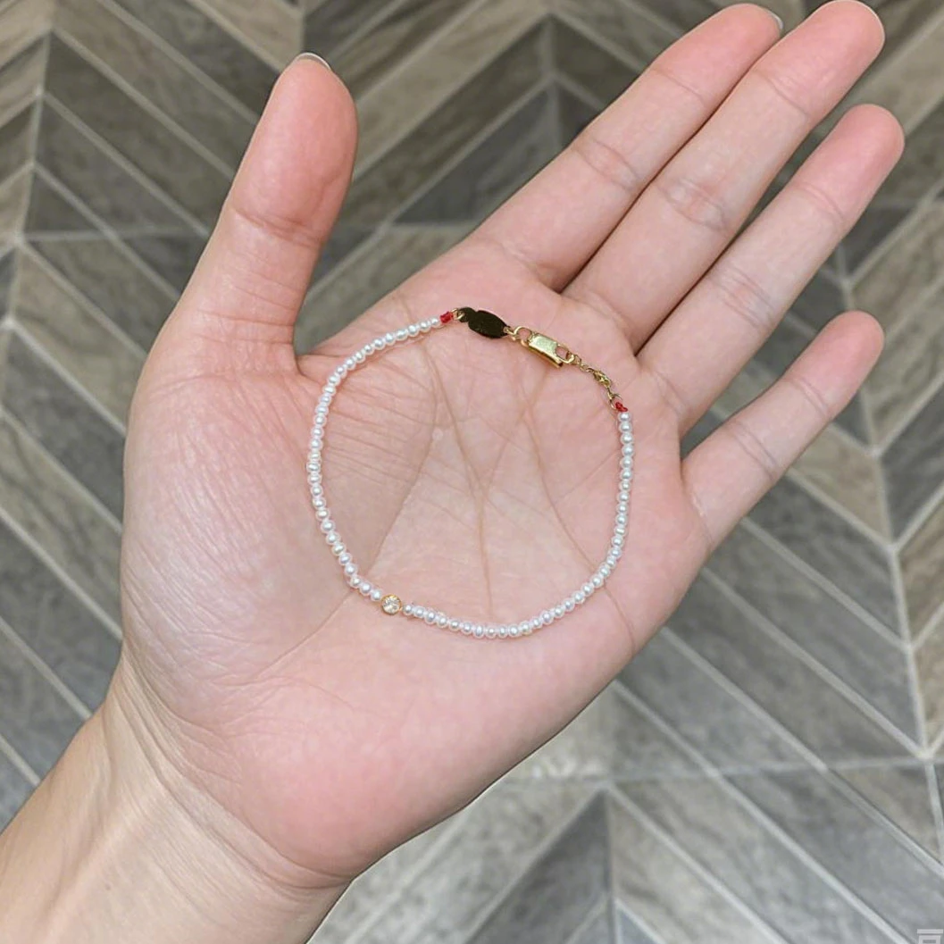 钛钢仿珍珠手链 珍珠莫桑钻手链单钻法式手工编织手绳轻奢高级