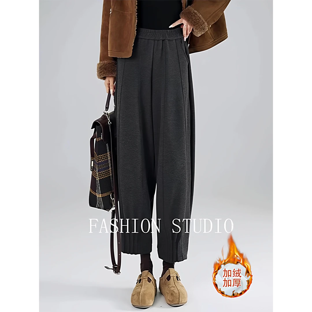 加绒加厚毛呢灯笼裤女秋冬季新款高腰垂感呢子镰刀裤休闲哈伦裤子