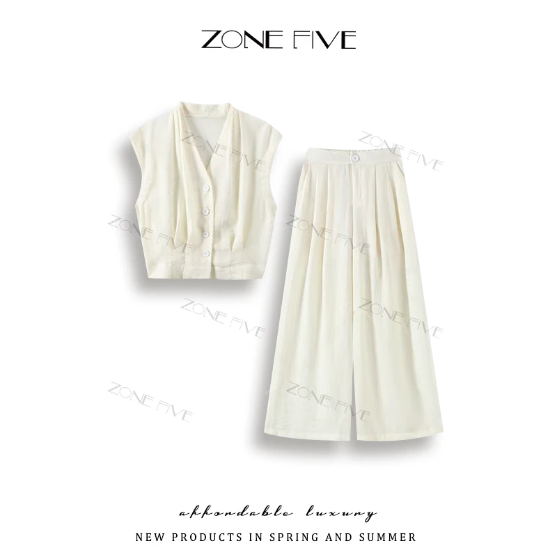 【zonefive】高级感老钱风马甲套装女夏季新款时尚阔腿裤两件套2541