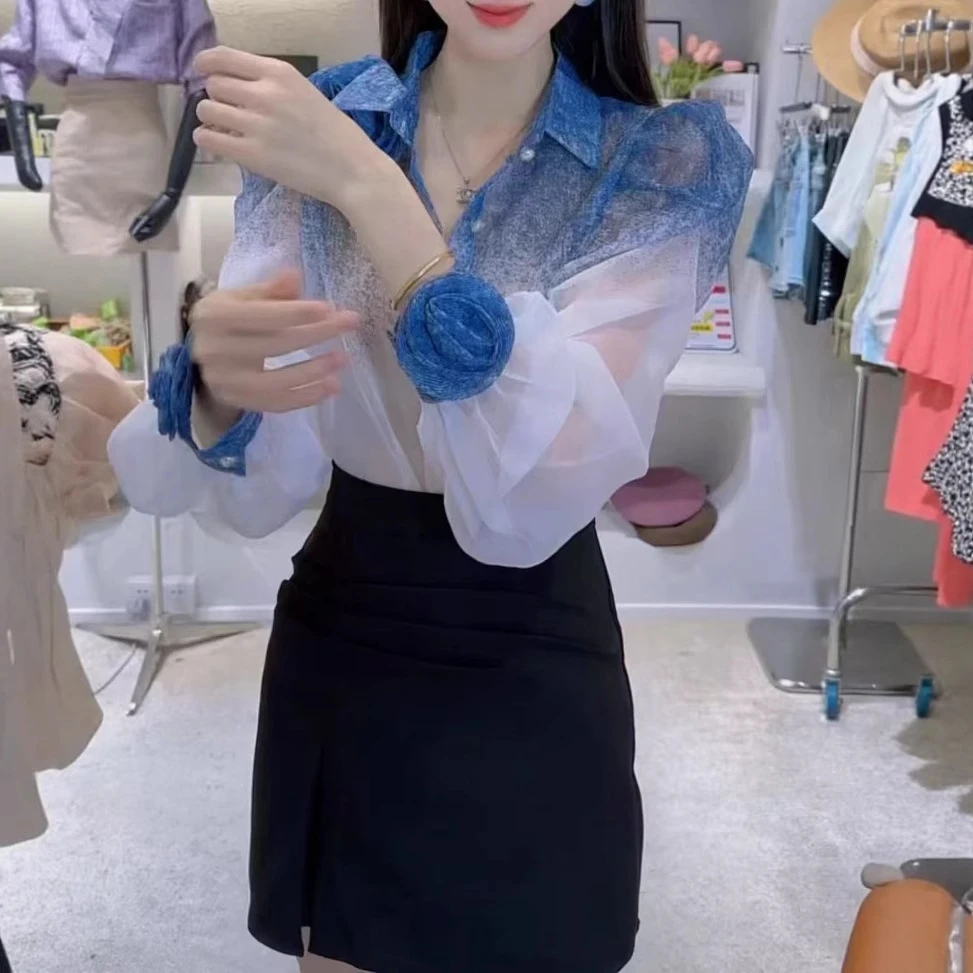 新款洋气立体花薄款衬衫包臀显瘦半身裙女装