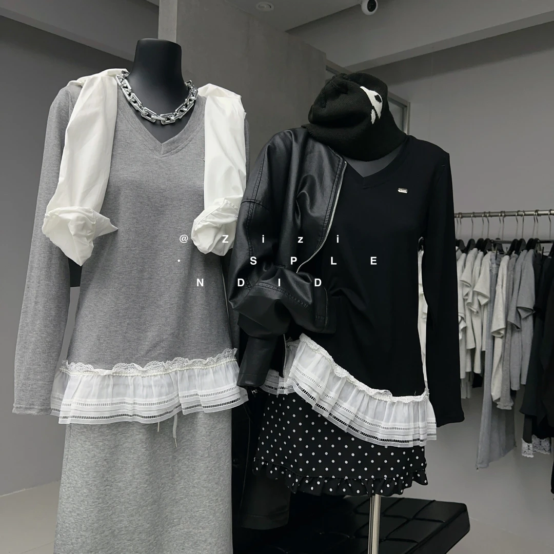ZiZi 福秒（9Zi9068#) 小个子蕾丝拼接修身打底T恤 9-216