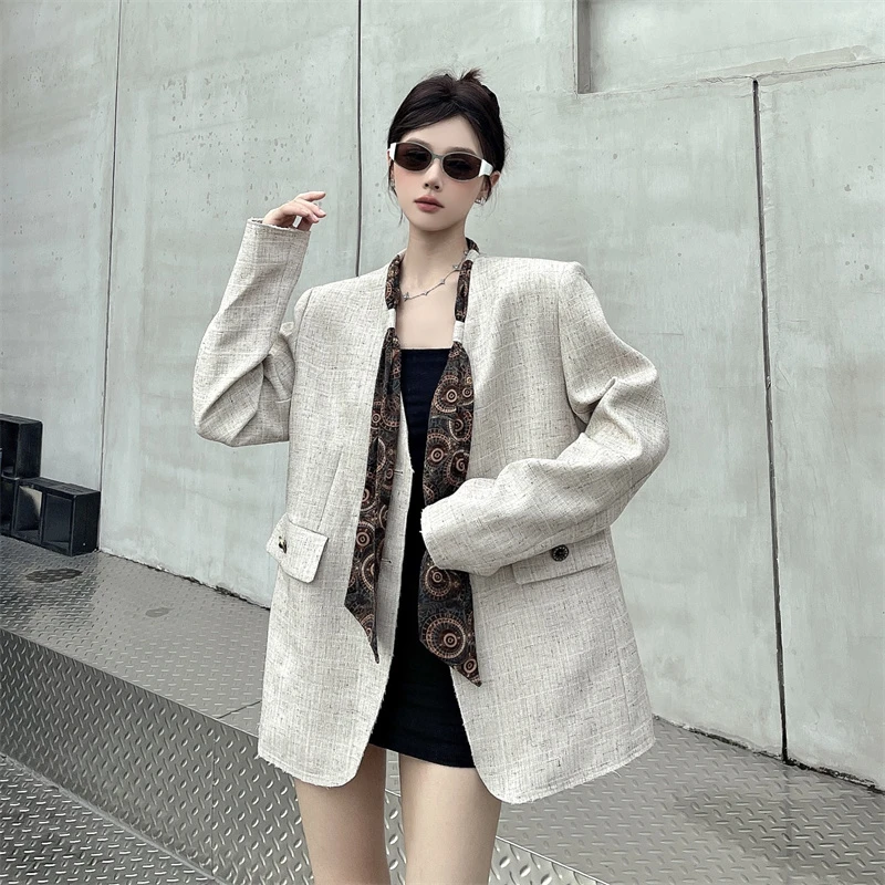 高级感轻奢气质小香风飘带西装外套女美式时尚宽松老钱风西服上衣