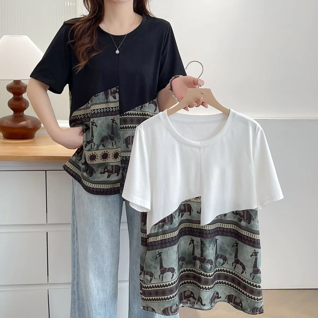 拼接大码女装显瘦短袖t恤常规休闲风印花圆领T恤设计感文艺复兴风