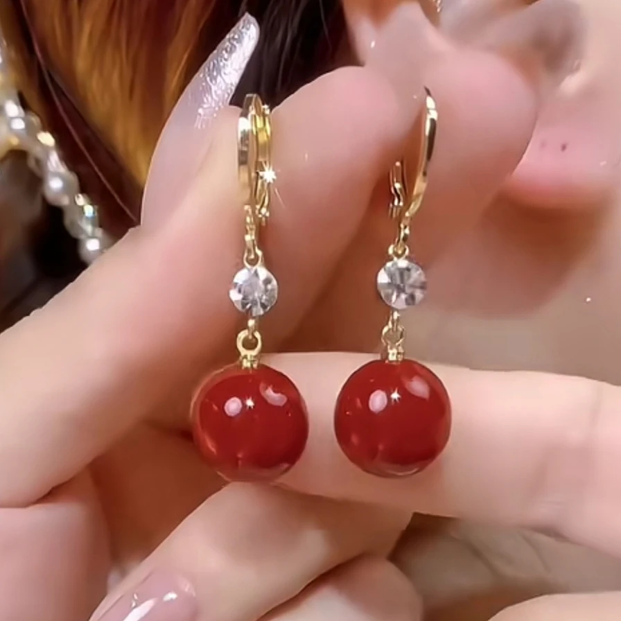 铜合金仿珍珠耳饰 新年红色圆珠珠耳环女防丢耳扣复古新中式耳坠