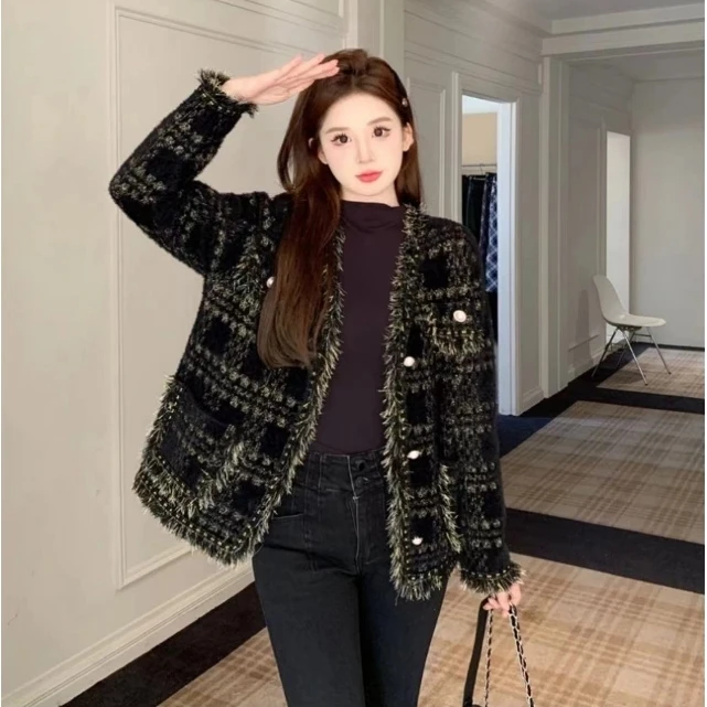 法式小香风V领流苏针织开衫外套女秋冬新款高级短款上衣外套H358