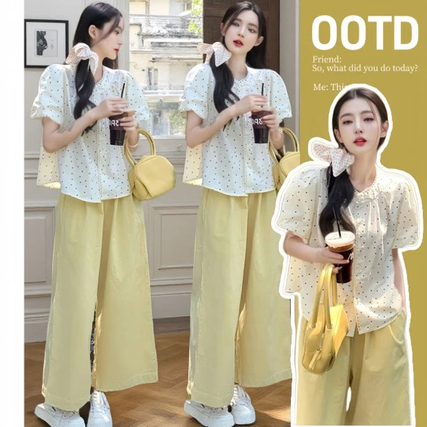 Y3511#【小V家设计版】孕妇减龄蕾丝花边波点上衣阔腿裤孕妇套