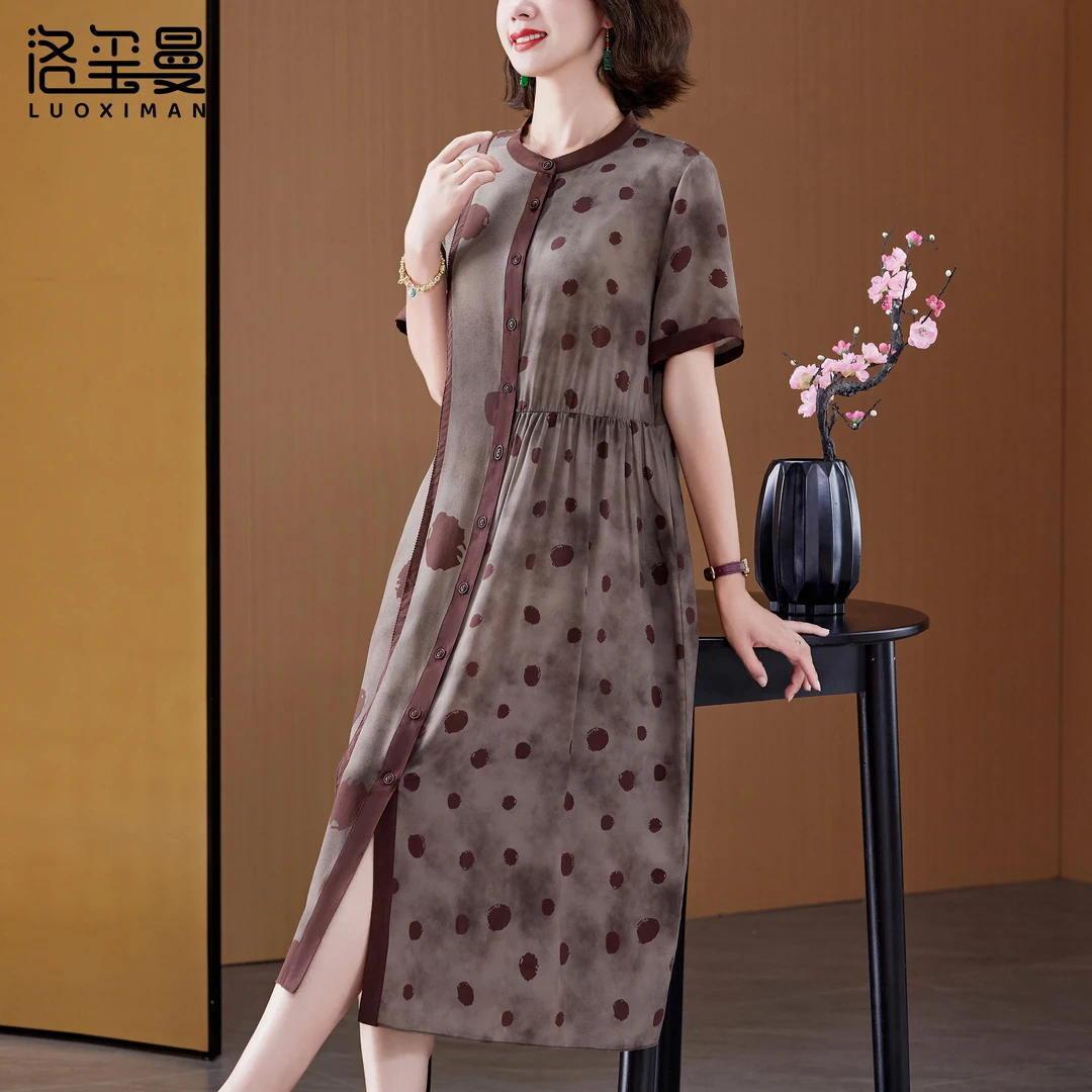 洛玺曼妈妈桑蚕丝连衣裙女夏季拼接圆领短袖简约气质显瘦真丝裙