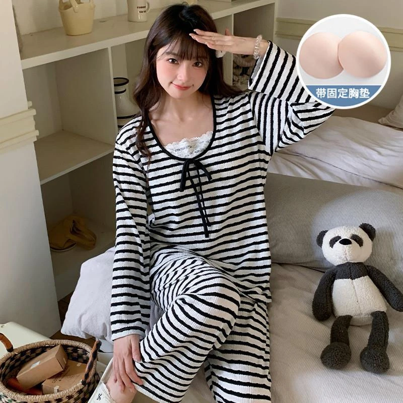 带胸垫睡衣女春秋季长袖韩版条纹可爱套装ins风花边外穿家居服冬