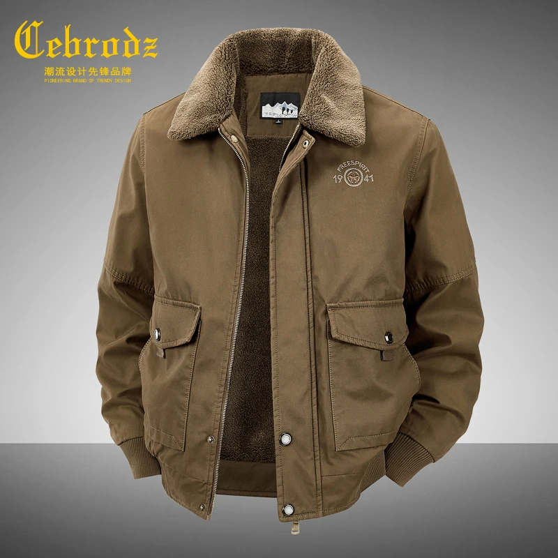 法国Cebrodz秋冬季加绒棉衣男加厚保暖外套中老年翻领男工装棉服