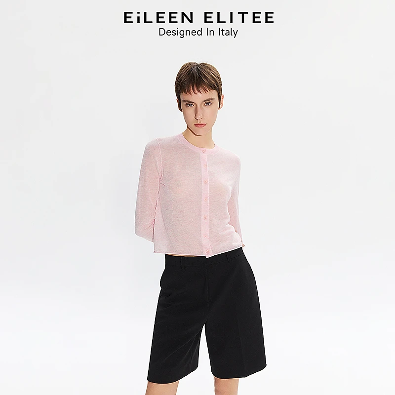 朗姿欧洲EiLEEN ELITEE粉色薄透气修身圆领针织开衫2025年夏季