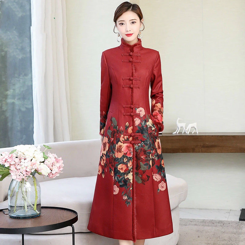 中国风加绒外套女中长款2025新款秋冬加厚保暖贵夫人复古印花旗袍