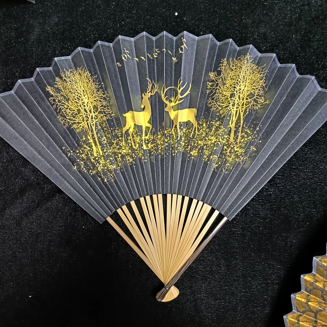 半棕竹折扇金鹿送福95/18/2.0