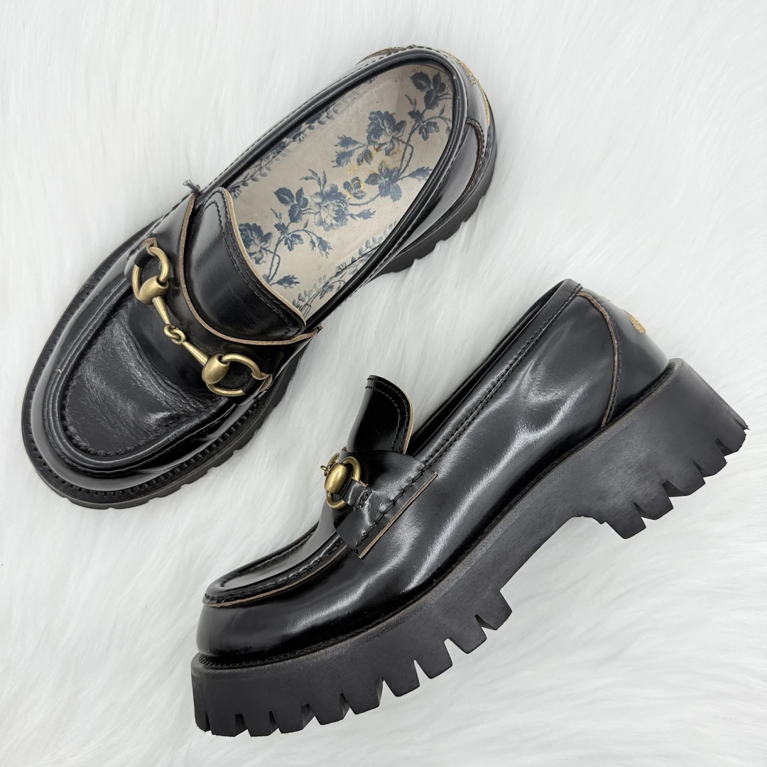 95新 GUCCI/古驰 马衔扣刺绣蜜蜂乐福鞋 37.5码 公价9.6k m012