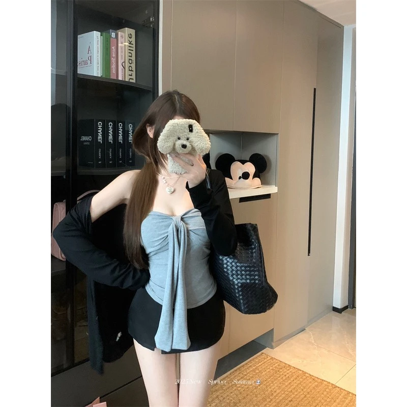 带胸垫辣妹绑带抹胸背心女秋季休闲套装慵懒风长袖开衫上衣两件套