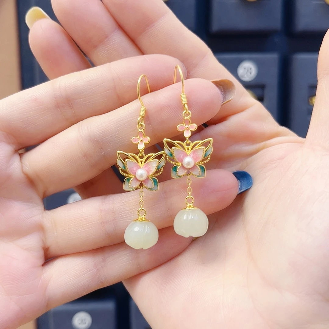 和田玉银S925镀金镶嵌耳饰