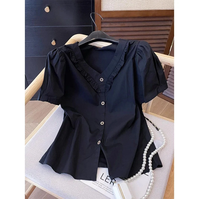 2025夏季爆款黑色V领短袖衬衫女装法式小众别致独特绝美小衫上衣