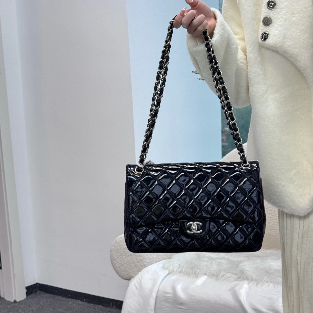 95新 Chanel/香奈儿 chanel黑银jumbo链条单肩包