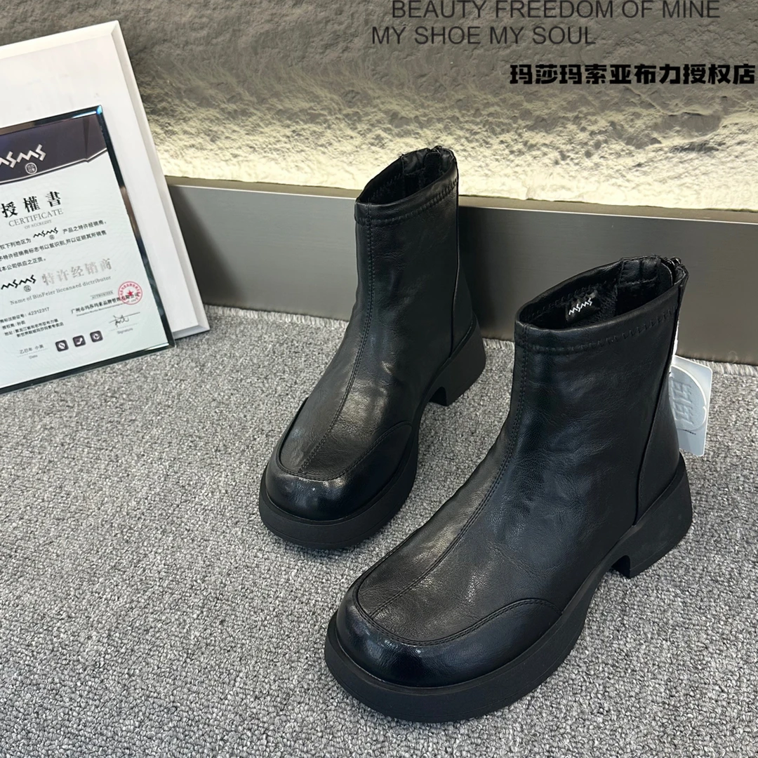 玛莎玛索213-226m秋冬加绒弹力皮短靴