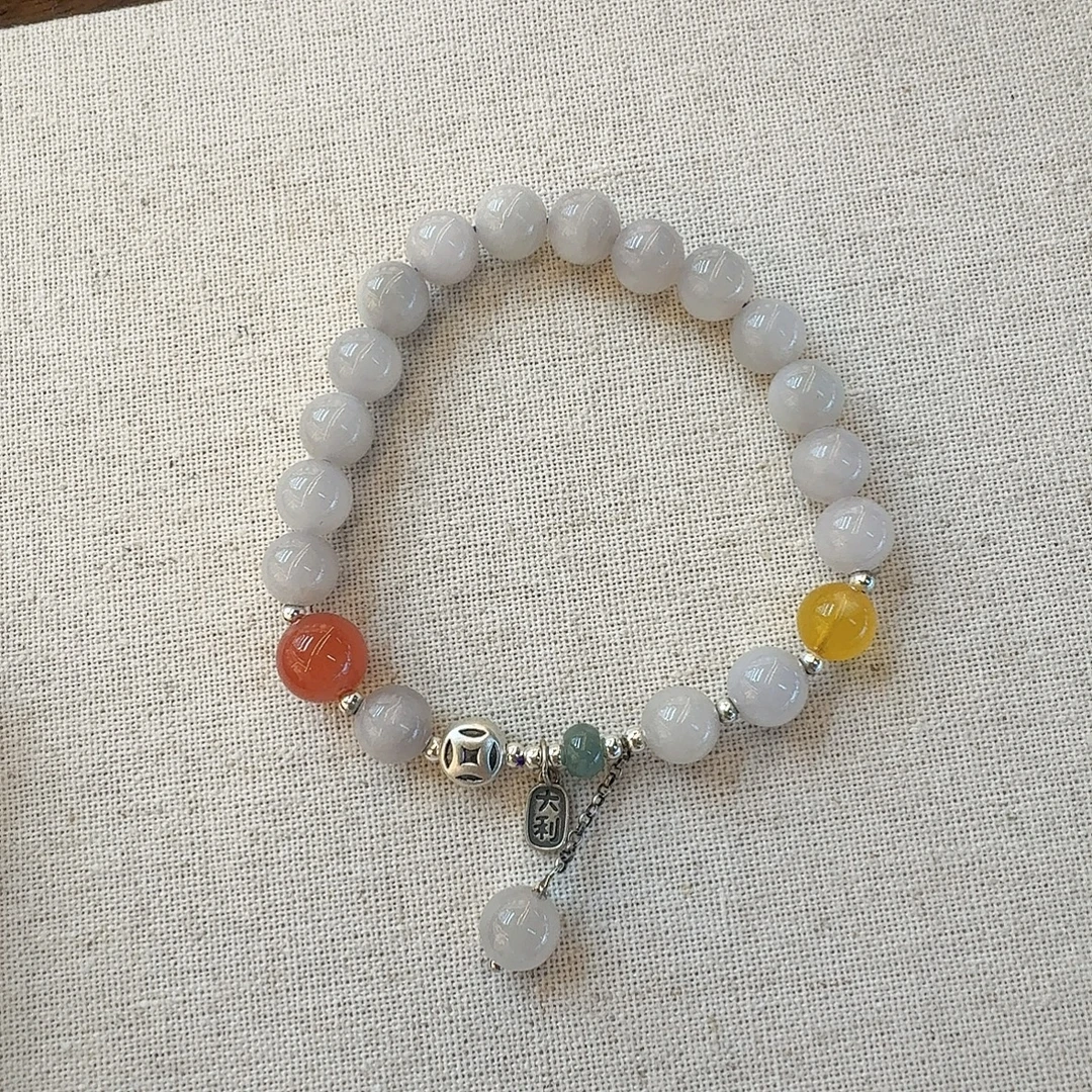 0770  烟紫和田玉/南红玛瑙/蜜蜡/翡翠/925银/7-8mm手串