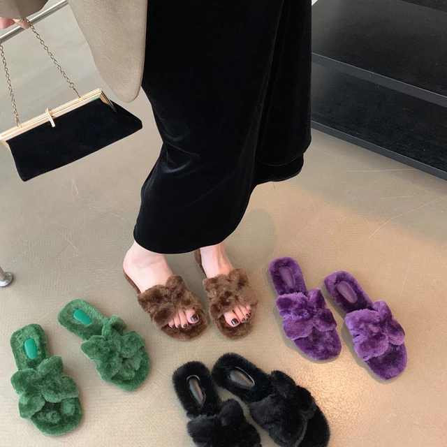 小众平底毛毛拖鞋女2025新款秋冬百搭网红方头H字型休闲懒人毛拖