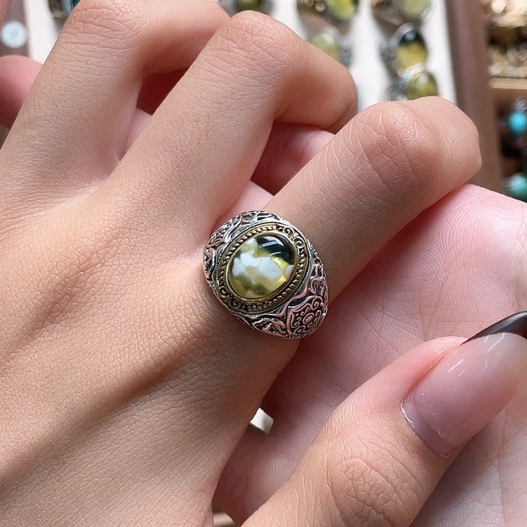 ****雾琥珀银S925镶嵌戒指