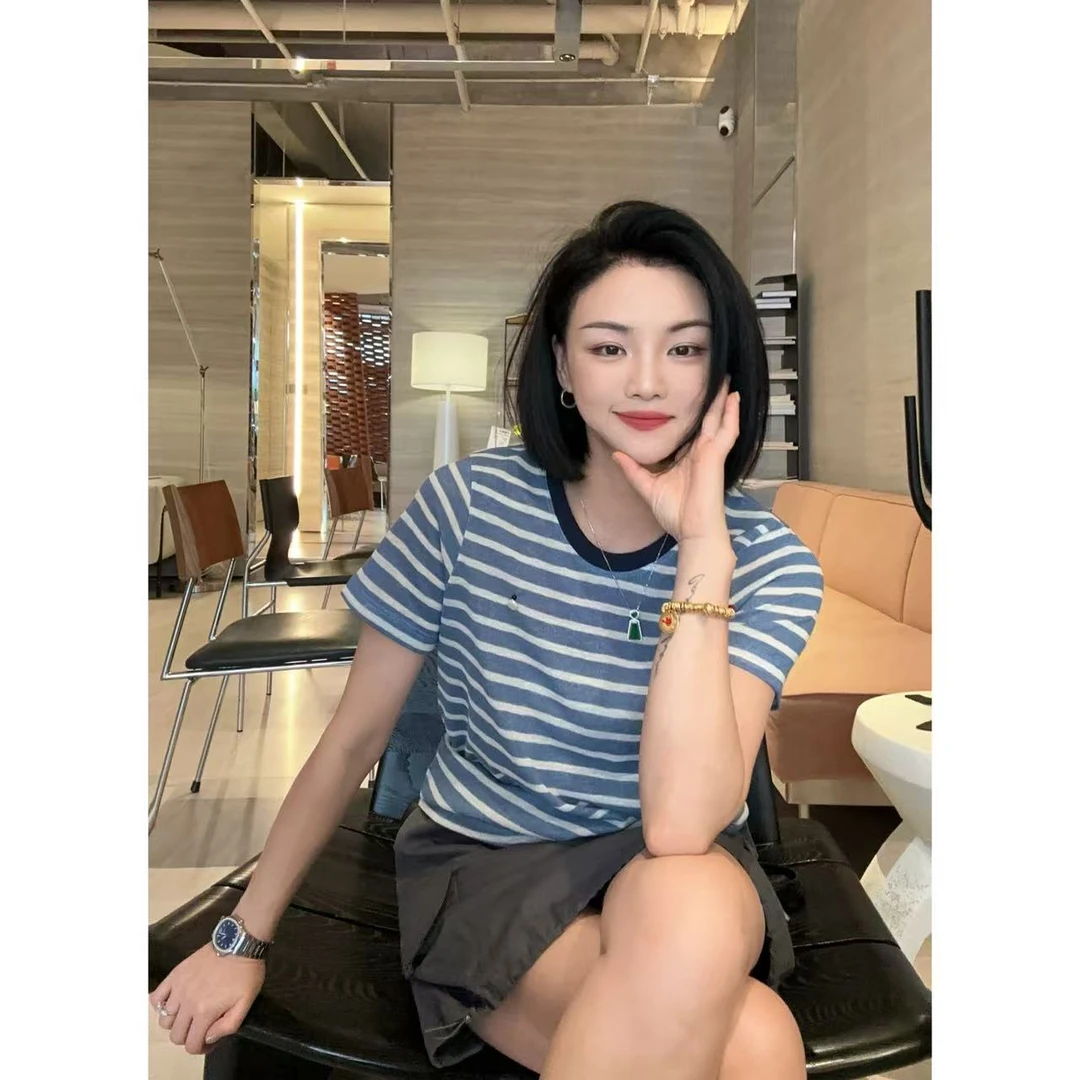 夏季小串珠蓝色条纹撞色领短袖T恤5-6-27