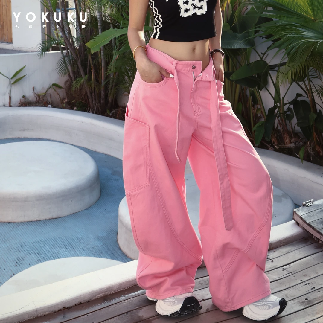 哟酷酷（野生主义）美式腰带宽松遮肉显瘦休闲阔腿弯刀牛仔裤