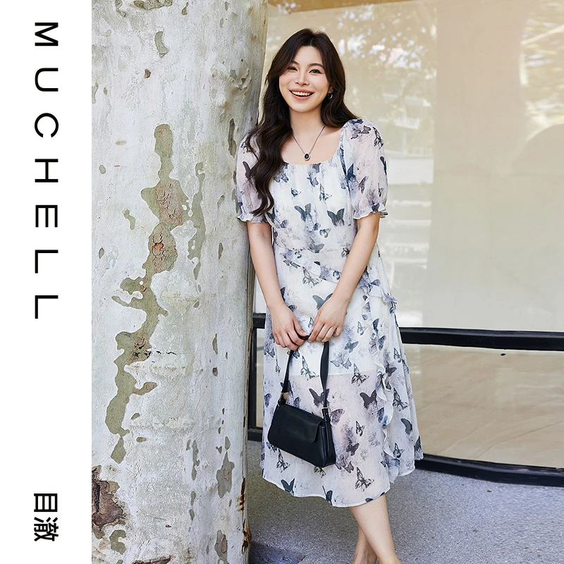 目澈MUCHELL夏季新款【小尖尖】大码水墨蝴蝶印花连衣裙MDS2LD2147