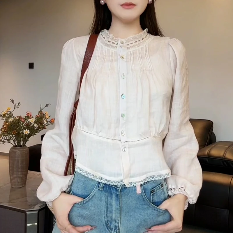 韩系花边拼接长袖衬衫女2025年春秋夏季新款设计感气质百搭上衣潮