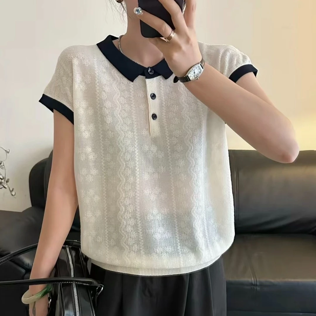 撞色polo领针织小飞袖T恤女2025夏薄透气娃娃翻领浮雕提花短袖衫