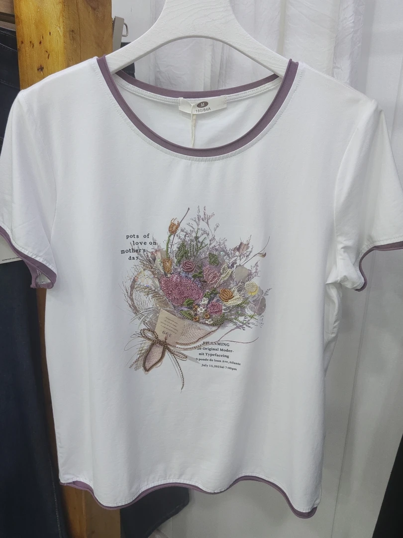 套装针织3D休闲风刺绣女士圆领T恤短袖百搭运动植物花卉拼接