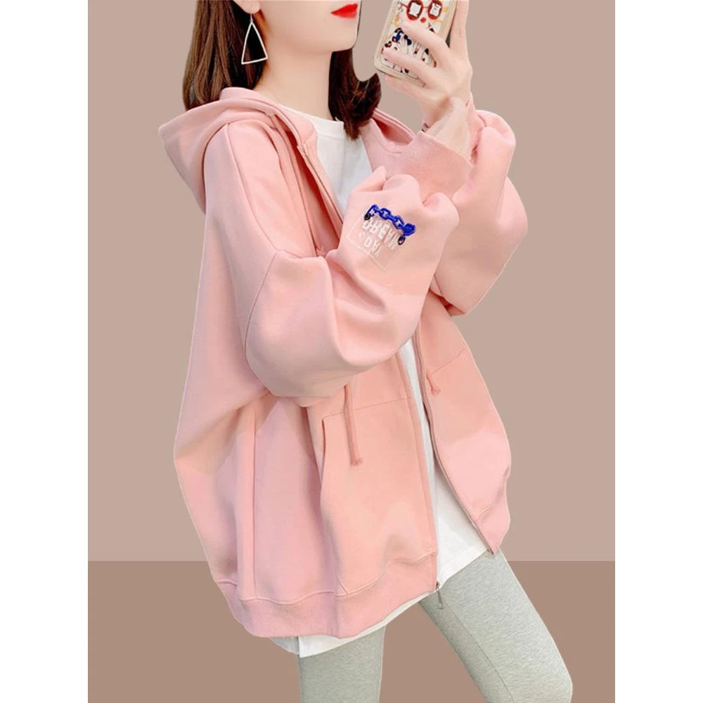 2025春秋装新款女士短外套卫衣开衫拉链中长款遮屁股爆款上衣连帽