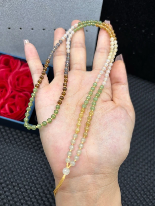 精美天然和田玉多宝圆珠4mm多色玉石挂牌绳DIY毛衣链长链时尚百搭