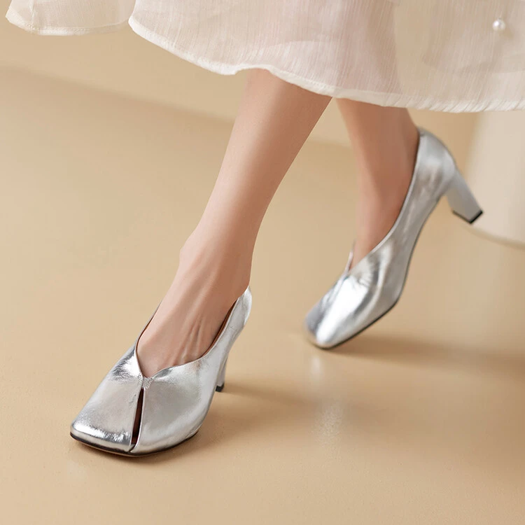 NianGaoXJ【牛皮】跟高6.5cm粗跟百搭浅口女鞋高跟跟鞋真皮浅口鞋