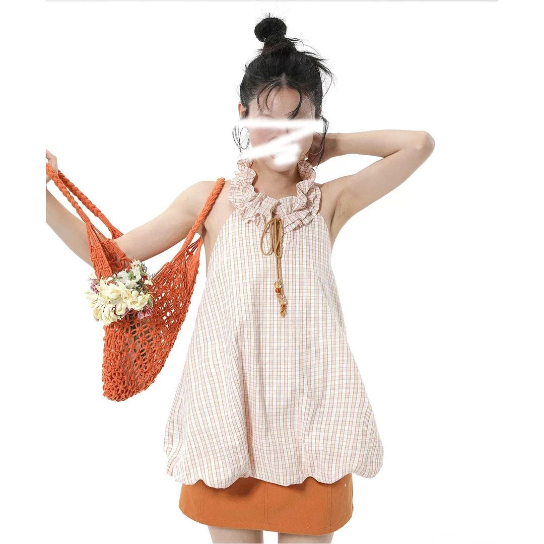 夏季格纹宽松露背挂脖花苞吊带背心女+a字牛仔包臀裙半身裙套装