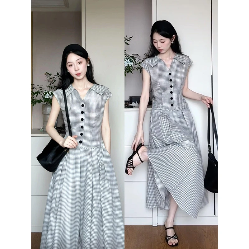 高级感复古格纹大翻领a字连衣裙女夏季垂感修身显瘦气质长裙子