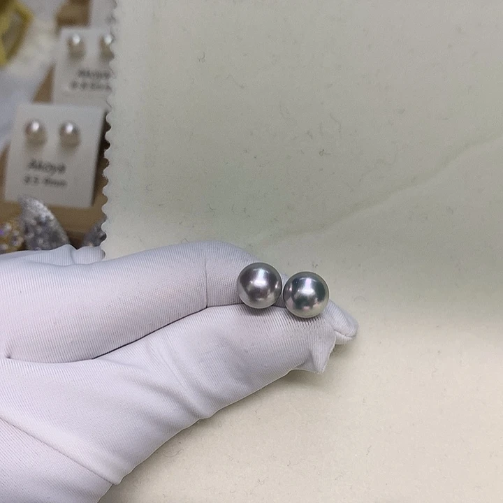 海水珍珠18K金镶嵌耳钉8.5-9