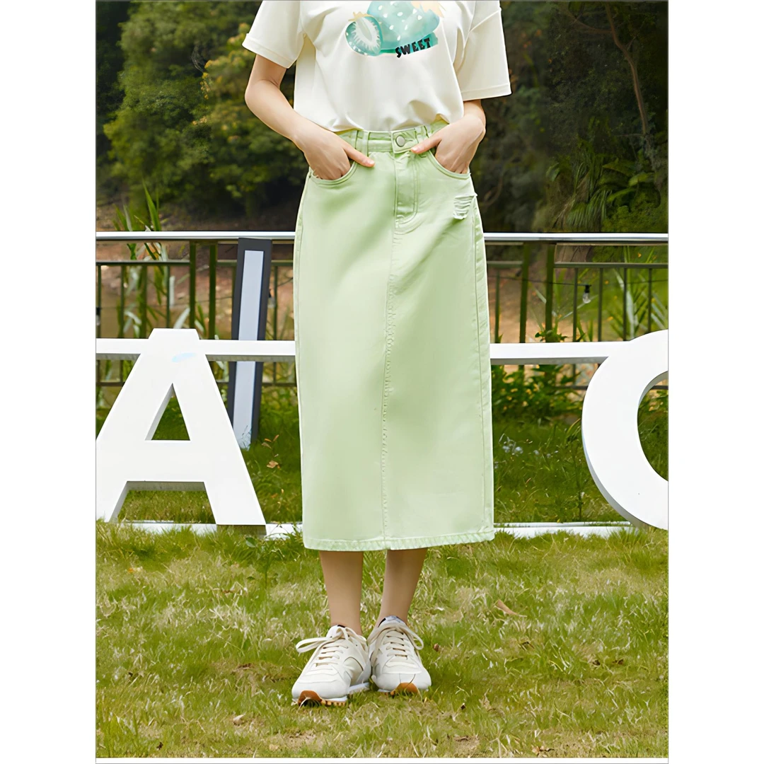 0909B柒量一裁小个子清新绿后开衩高腰A字牛仔半身裙显瘦长裙子女