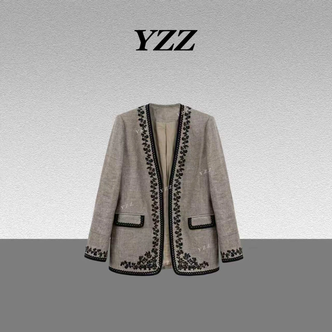 YZZ “智性”亚麻高定复古风提花刺绣高级感外套 810885