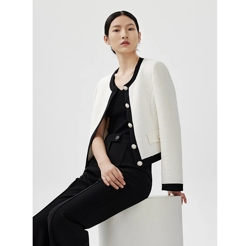 LANCY/朗姿2024春季新款白色小香风短款法式外套女高级感