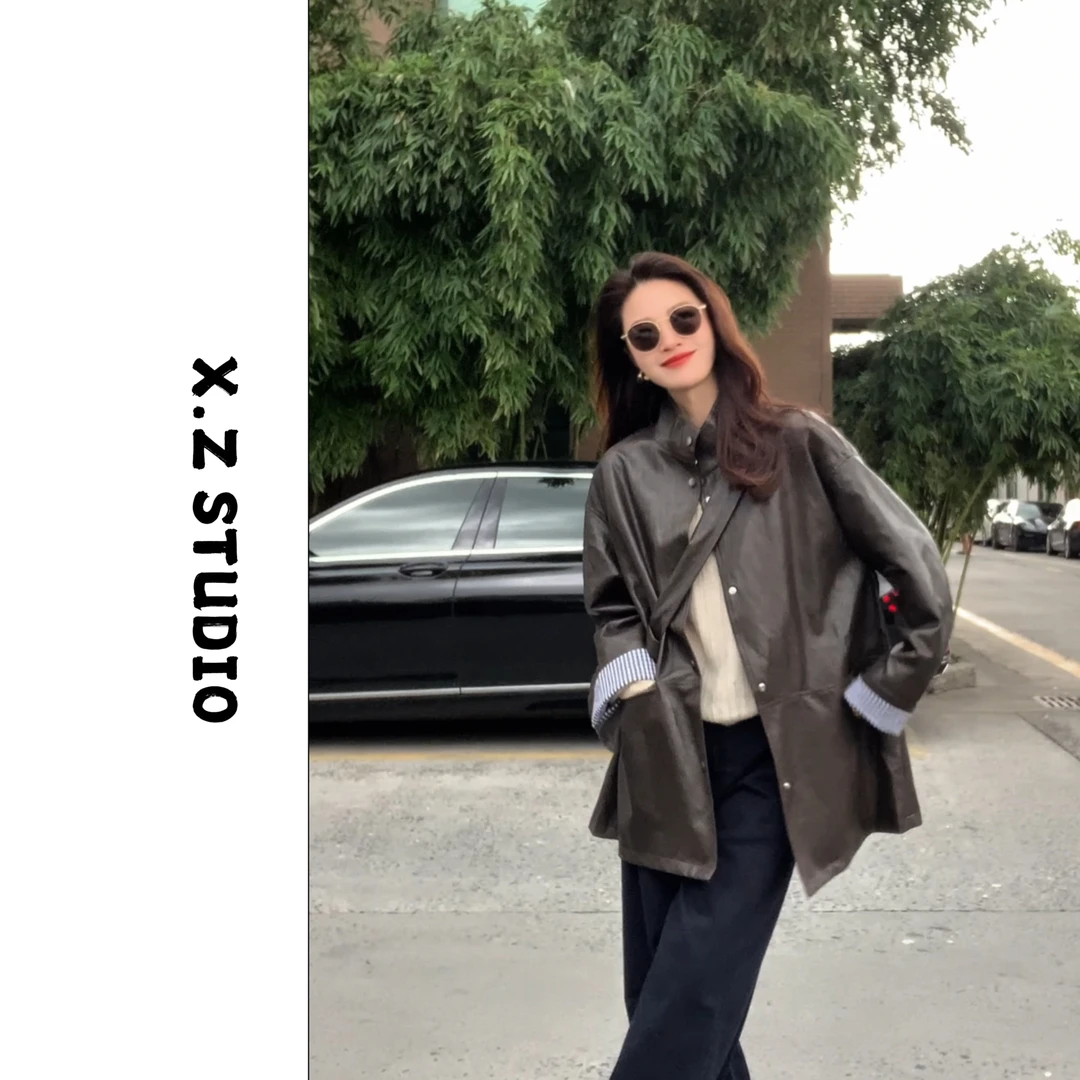 X.ZHEN【格纹拼接pu皮衣】网红洋气炸街女装高智感出游服装高级感
