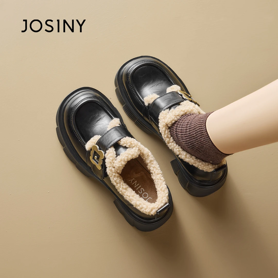 卓诗尼厚底乐福鞋女2025冬季新款黑色毛毛鞋加绒小皮鞋英伦风女鞋