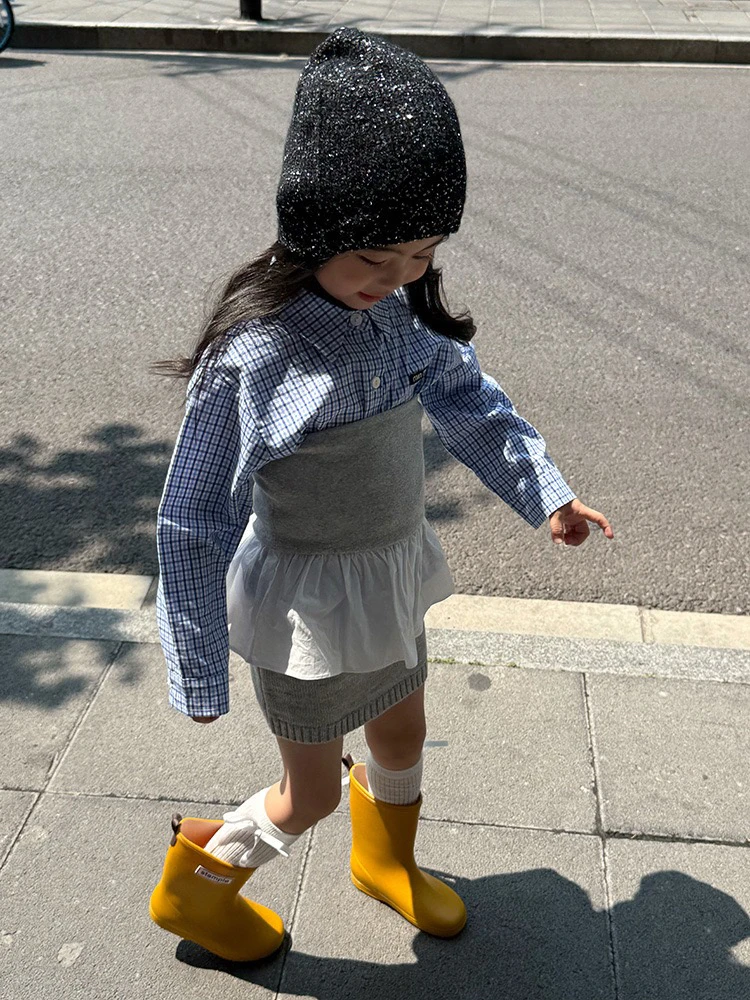 女童miu系格子衬衫宝宝儿童贴标长袖翻领衬衣2025春秋新款叠穿